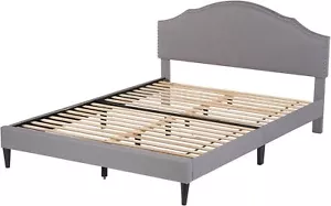 Upholstered Platform Bed Frame with Fabric Headboard and Wooden Slats Support - Picture 1 of 28