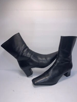 AUDREY BROOKE 尺寸 7 1/2 M 黑色皮革拉链女式踝靴 OB2 — 第 1/4 张图片