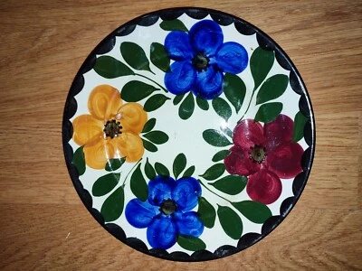 Ancienne assiette TERRE DE FEU Décor Peint main fleurs Myosotis rouge bleu jaune - Photo 1/3