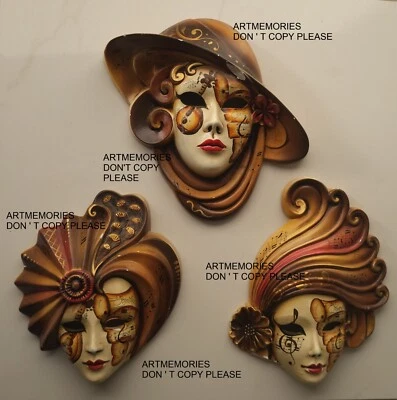 3 Masques vénitiens Venise Italie fait main décor théatre notes musique - platre - Bild 1 von 4