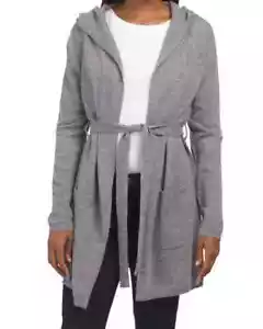 Cardigan nuovo con etichette Tahari 100% cashmere con cappuccio e cintura grigio erica taglia L; 1X - Foto 1 di 21