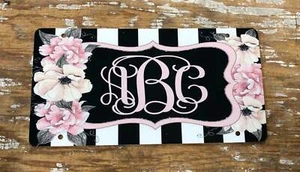 Monogram License plate pink floral black and white striped monogram car tag pers - Picture 1 of 6