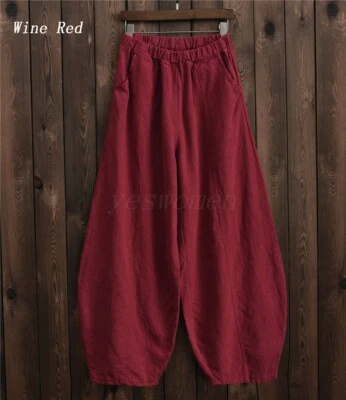 Pantalones harén largos holgados de algodón y lino para mujer con cintura elástica pantalones linterna Foto 1 de 4