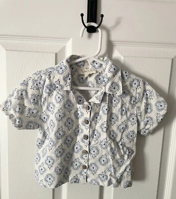 Jessica Simpson Youth Linen Blend Button Down Shirt Size 4  White & Blue - Image 1 of 4