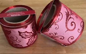 Wired Ribbon Red Sheer Glitz Sparkle Swirl & Holly 2.5", 25’ each - Picture 1 of 6