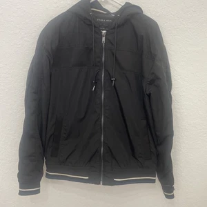 Zara Man Black Bomber Jacket Men’s XL Lightweight Zip Front Jacket With Hood - Picture 1 of 17