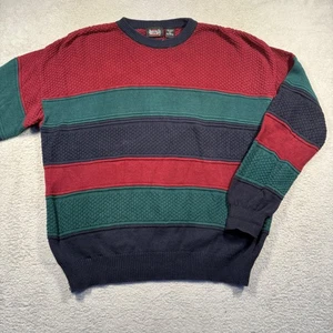 Vintage Colorblock Mens Striped Knit Sweater Crewneck Cotton Pullover 90s Y2K - Picture 1 of 5