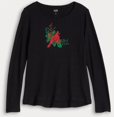 Croft & Barrow LS Camiseta Negra de Navidad con Cardenal y Acebo Nueva con Etiquetas XXL (20) Foto 1 de 3