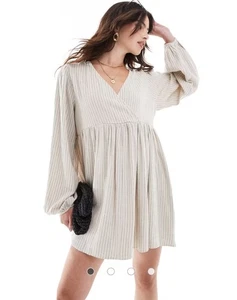 ASOS DESIGN linen v-neck mini smock dress sand & black pinstripe,  Size 6 - Picture 1 of 8