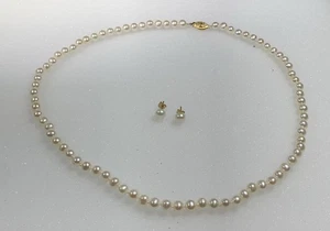 17” Pearl Necklace And Earring Set, 5mm Akoya Pearls, 10k Yellow Gold, Beautiful - Picture 1 of 14