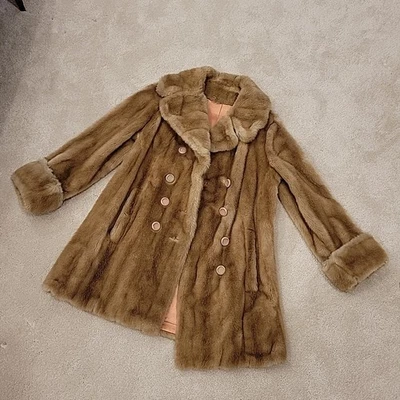 Abrigo de guisante de longitud media crema bronceada piel sintética Tissavel vintage años 60 doble pecho talla S/M Foto 1 de 4