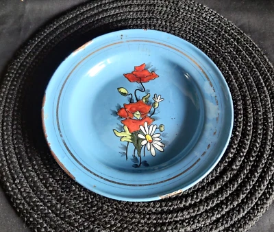 Assiette En Émail Florale Antique Multicolore En Fer Ancienne Décorative IE158 - Photo 1/4