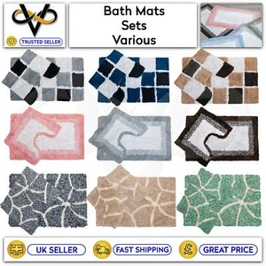 Bath Mat Sets Pedestal Mat Bathroom Toilet Rugs Anti Slip Spray Back 100% Cotton - Picture 1 of 16