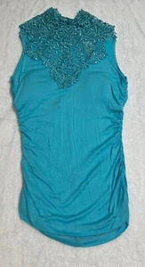 Blue Lace Applique High Neck Keyhole Button/Loop Back Sleeveless Bra Lined Top - Picture 1 of 2