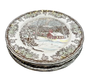 VTG JOHNSON BROS 10" FRIENDLY VILLAGE DINNER PLATES "THE SCHOOL HOUSE" SET OF 4 - Picture 1 of 6