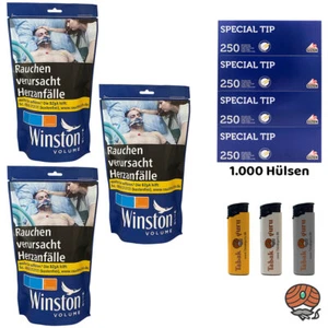 Winston Blue/Blau Tabak Beutel 3x 110g, Gizeh Special Tip Hülsen, Feuerzeuge