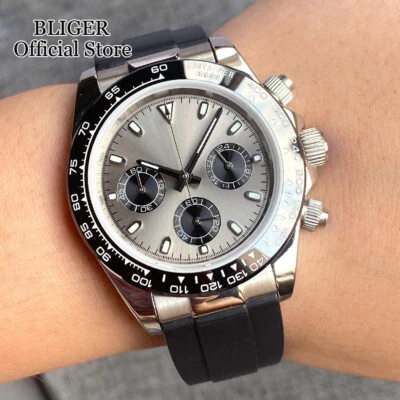 Relógio masculino 39 mm cronógrafo quartzo vidro safira mostrador cinza VK63 VK64 pulseira de borracha - Imagem 1 de 4