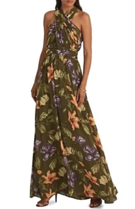 Lauren Ralph Lauren Womens 6 Green Farm Olive Chiffon Floral Long Maxi Dress NEW - Picture 1 of 11