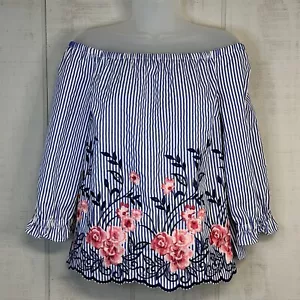 Womens Floral Embroidered Top Size S 3/4 Sleeves Off Shoulder Nautical Striped - Picture 1 of 11