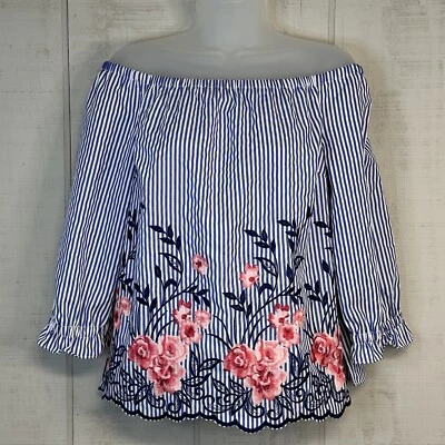 Top bordado floral con hombros descubiertos Elle para mujer talla S manga 3/4 mezcla de algodón nuevo con etiquetas Foto 1 de 4