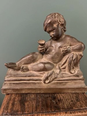 Amour & Cherubin a La Coupe Terre Cuite Sculpture Signé - Photo 1/4