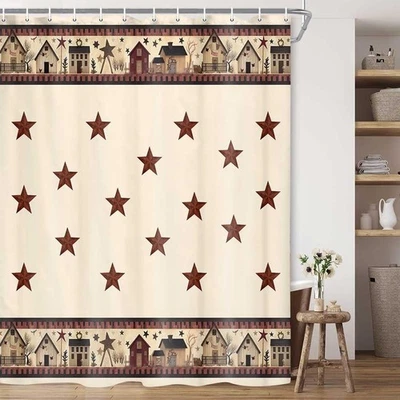 Cortinas de ducha rústicas de campo, primitivas estrellas de granero relax baño casa de campo Foto 1 de 4