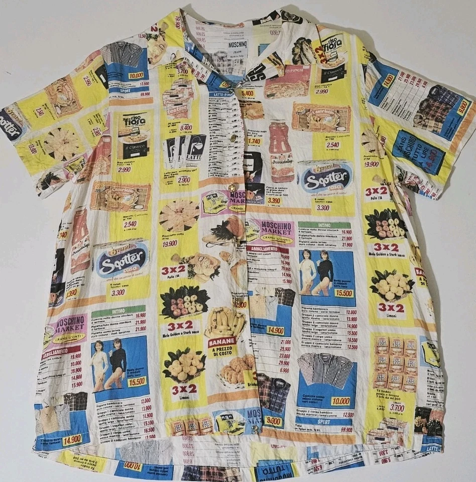 Camisa estampada vintage Moschino Italia supermercado anuncios por todas partes signo de paz botones  Foto 1 de 4