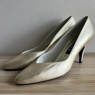 Stuart Weitzman Pumps Heels Shoes Gold Metallic Size 6.5 B Made in Spain Vintage - Image 1 of 4