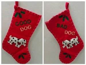 Guter Hund Bad Dog Weihnachtsstrumpf rot Filz bestickt groß doppelseitig Vintage - Bild 1 von 10