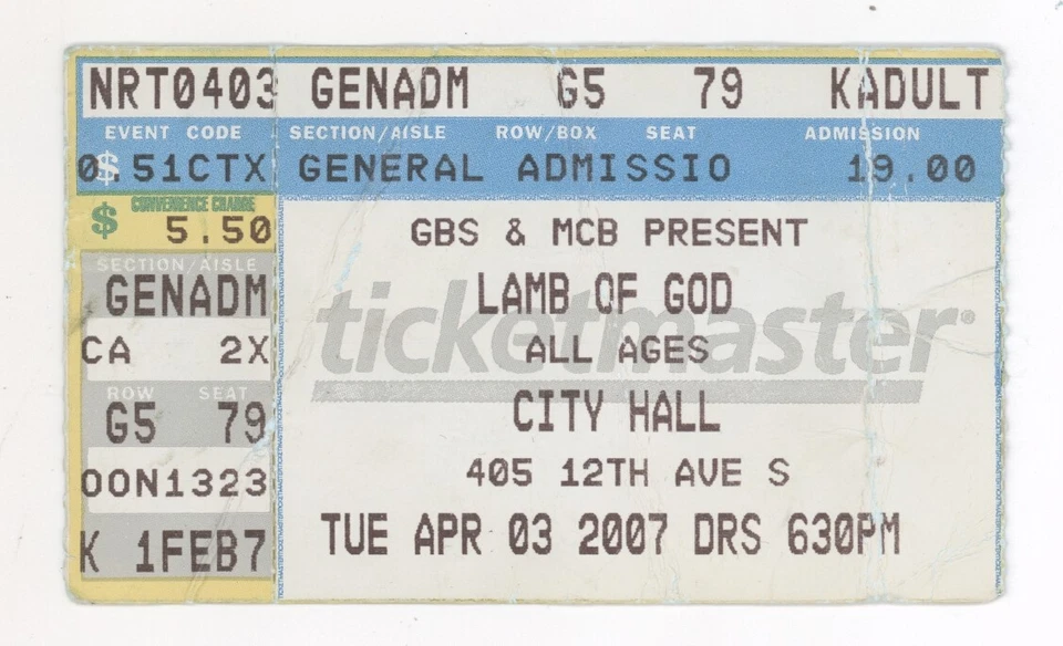 Lamb of God 4/3/07 Nashville TN City Hall Rare Ticket Stub - Image 1 of 1