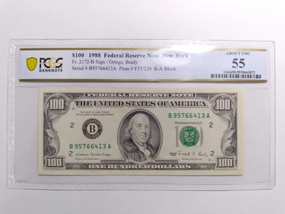 PCGS Banknote $100 1988 Fr. 2172-B ABOUT UNC 55 Reserve Note 'read description'  - Image 1 of 3