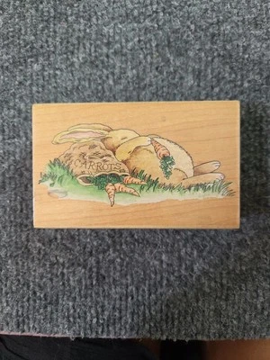 Stamps Happen BUTTERBEAN BUNNY Bag Of Carrots Nap Wood Mount Rubber Stamp #60032 - Image 1 of 4
