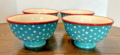 PIONEER WOMAN Soup Cereal Footed BOWL TEAL RED Polka Dots Set of 4 HTF - Image 1 of 4