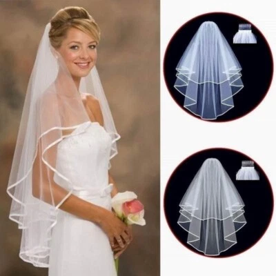 Moda Cinta de Satén Borde Velo de Novia Tul Velos de Boda Peine de Dos Capas Blanco Foto 1 de 4