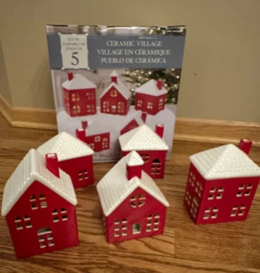 NIB -Costco - Set of 5 - Ceramic Village Christmas Red/White  Houses - Lights Up - Picture 1 of 9