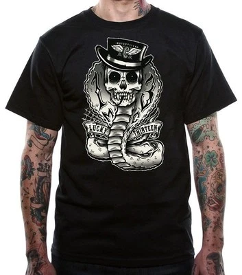 Lucky 13 Pin Up Punk Street Gothic Americana 纹身艺术男式 T 恤骷髅 COBRA — 第 1/4 张图片