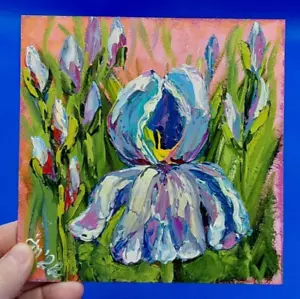Iris Original Oil Painting Garden Flowers Handmade Gift Small Art Wall Art OOAK - Picture 1 of 6
