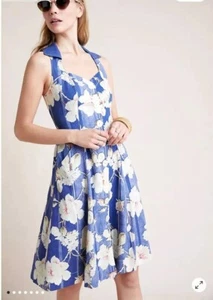Anthropologie New Camellia Kragen Kleid blau Blumendruck Größe 6 Leinen neu ohne Etikett - Bild 1 von 13
