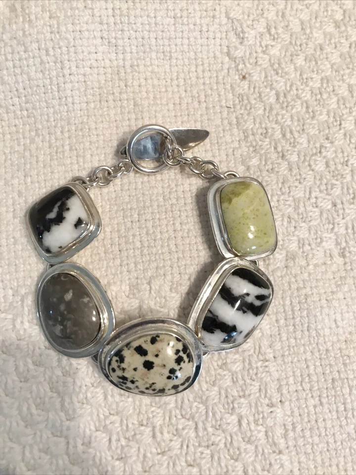 HEAVY ARTISAN 925 Sterling Silver Gemstone Bracelet 69.5 Grams 7 1/2” - Image 1 of 4