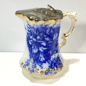 Lidded Pitcher Jug Gilt Rococo Pot Metal Top 6.5" Blue & White Antique Ceramic - Picture 1 of 12