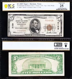 VERY NICE *RARE* Bold & Crisp VF+ 1929 $5 SHERMAN, TX National! PCGS 25 TC152 - Picture 1 of 3
