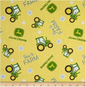 John Deere Nursery Born to Farm Tractor Logo Yellow Cotton Fabric By Half Yard - Picture 1 of 2