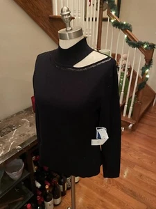 CALVIN KLEIN Cutout Mockneck Sequins Detail Sweater Size s  Black Orig. $79. NWT - Picture 1 of 7