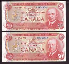 2X 1975 Canada $50 consecutive banknotes BC-51a HB9364739-40 CH UNC+
