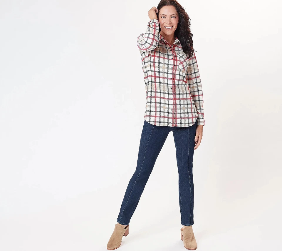 Camisa túnica de pana tejida a cuadros Susan Graver Pet fin de semana marfil, pequeña 2X A456430 Foto 1 de 1