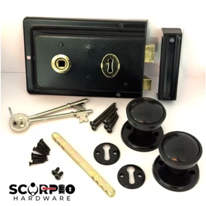 Traditional Rim Lock 6" x 4" with Rim Knob Set Black Shed Door with Fixings - Picture 1 of 5