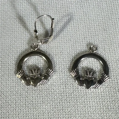 .925 Sterling Silver Irish Claddagh Crown Heart Circle Clip On Earrings Ireland - Image 1 of 4