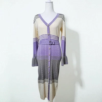 Vestido Suéter Ashley Stewart Cinturón Rayas Lavanda y Blanco Talla 14/16 Nuevo con Etiquetas Foto 1 de 4