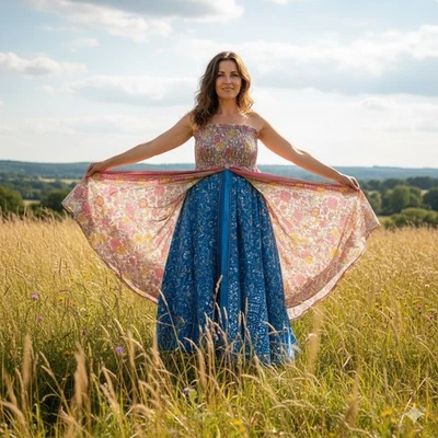 Vestido Falda 2 en 1 Azul Motivo Floral Capas Seda Reciclado Sari Boho Vestido Foto 1 de 4