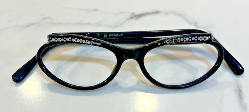 Vintage Woman's Eyeglass Black Oval France Rhinestones 46x20 - Image 1 of 4